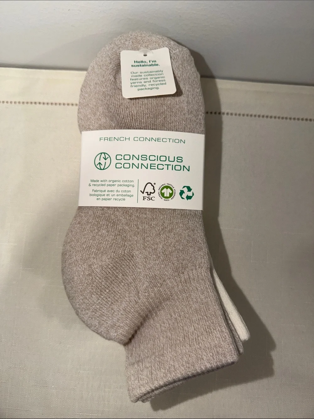 French Connection 5pk Ivory Heather Tan Brown Organic Cotton Blend Knit Socks